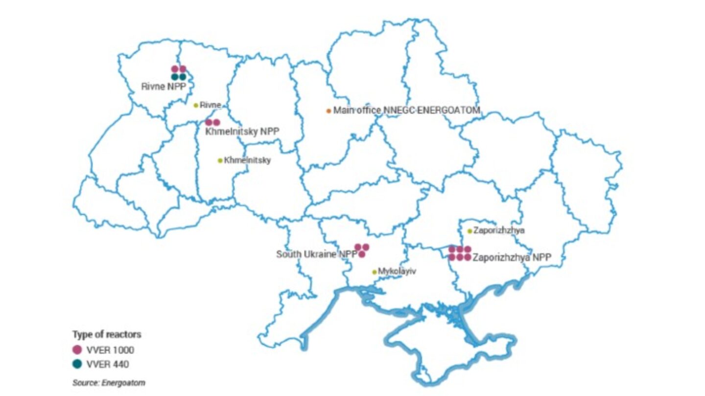 Plasseringen av atomkraftverk i Ukraina (Bilde: World Nuclear Association)